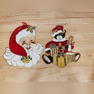 Vintage Giftco Christmas Stained Glass Plastic Sun Catchers Lot 2 Santa & Bear